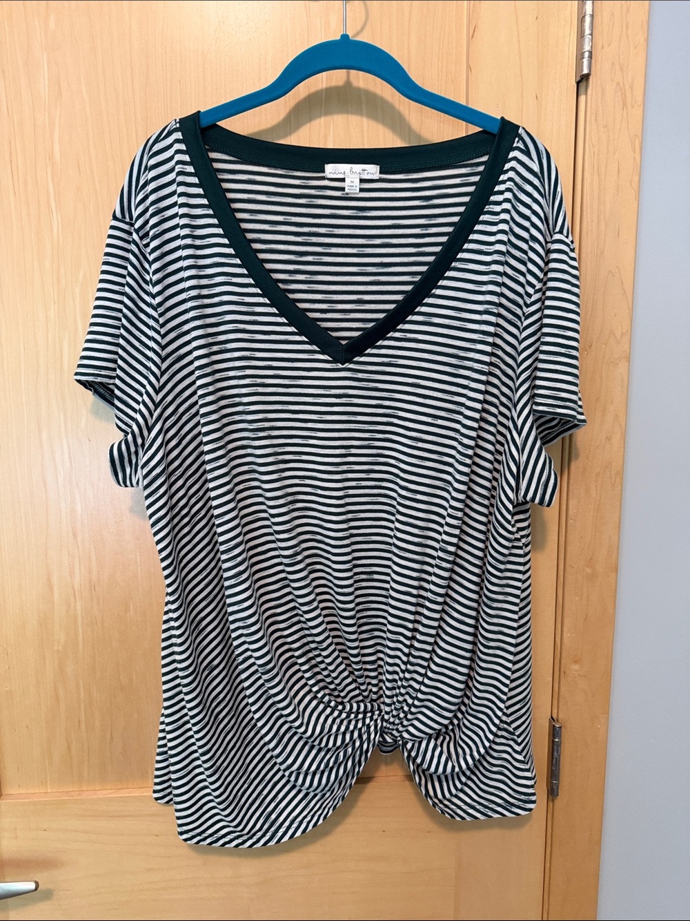 nine britton  Green &  Cream Striped V-Neck Knot Front Tee